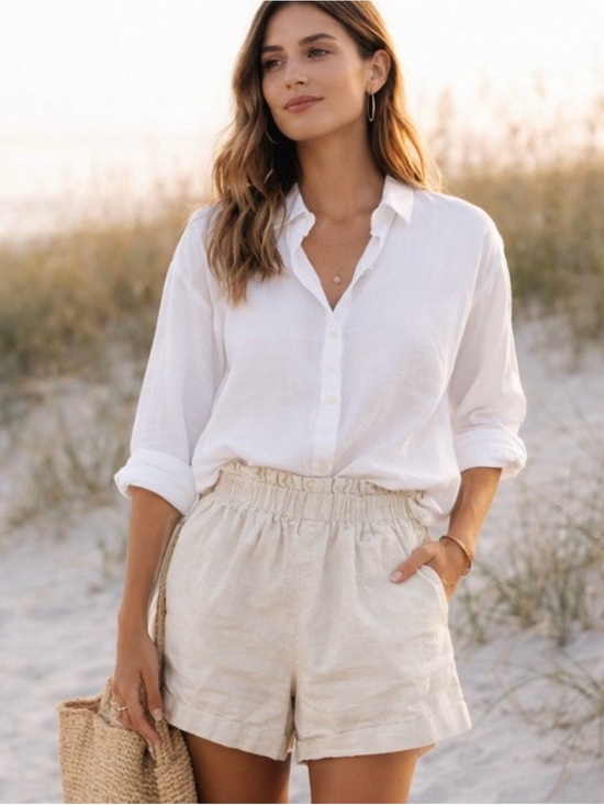 Crescent Pants - Crescent Beige High Rise Linen Shorts Women Size M Classic Coastal Old Money